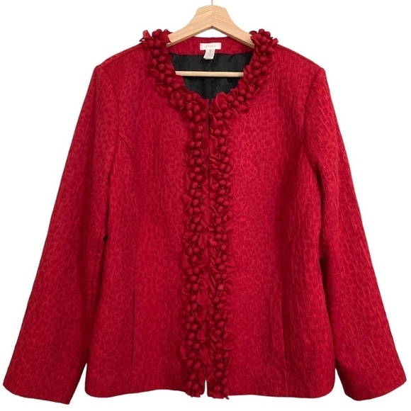 CHICOS Red Ruffled Berry Trimmed Crinkle Textured Jacket - Picture 1 of 8